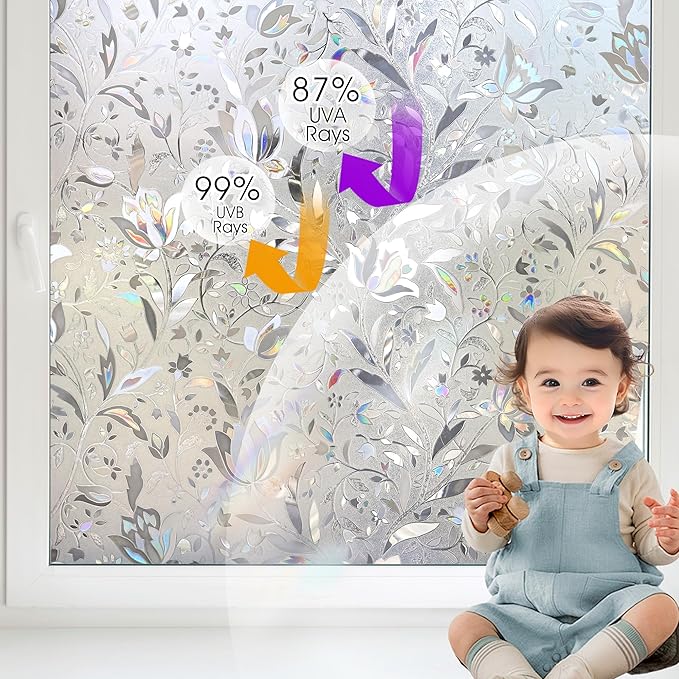 HIDBEA Window Privacy Film, 3D Stained Glass Static Cling - Sun Blocking Anti-UV Heat Control, Reusable Decorative Film for Home/Office Doors, Rainbow Tulip Design (17.5 in x 78.7 in)