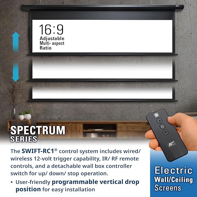 Elite Screens Acoustically Sound Transparent Spectrum Electric AcousticPro UHD,125-INCH Motorized Projector Screen Moiré-Free Perforated Weave Home Movie Cinema, ELECTRIC125H2-AUHD
