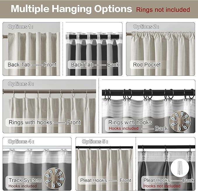 2 PCs Extra Wide Linen Blackout Curtains 102 Inches Long,Back Tab Pleaetd Drapes with Hooks Track System Curtain Panels Room Divider Curtains for Patio Sliding Door Living Room 70 x 102 Natural Birch