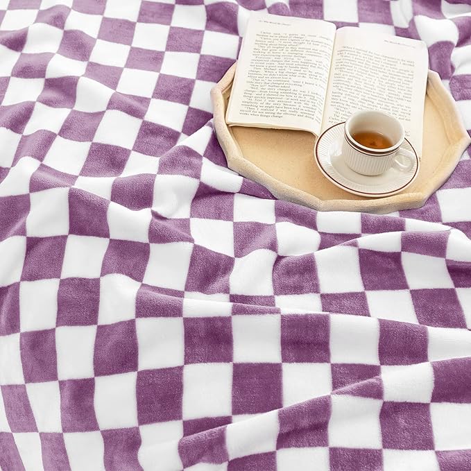 LOMAO Throw Blankets Flannel Blanket with Checkerboard Grid Pattern Soft Throw Blanket for Couch, Bed, Sofa Luxurious Warm and Cozy for All Seasons (Purple, 60"x80")