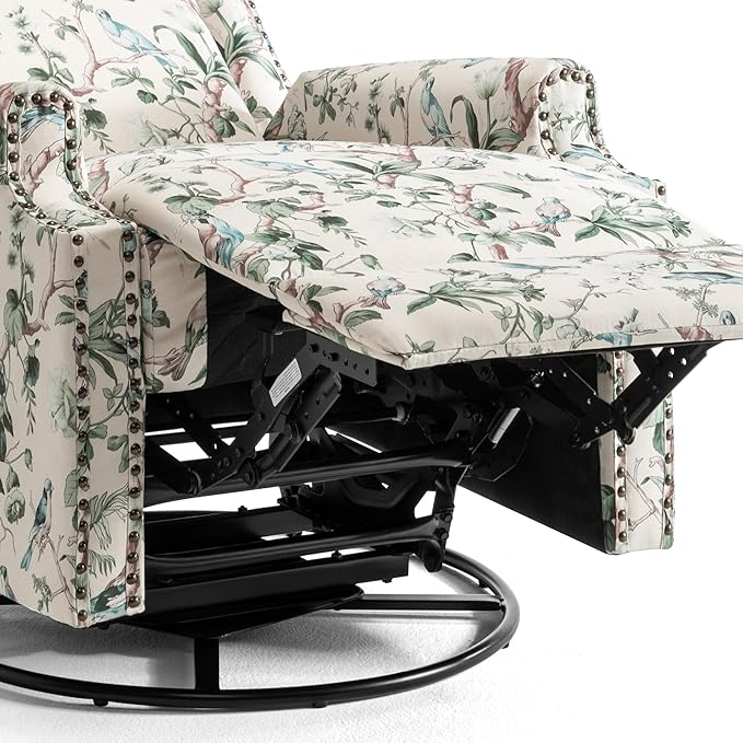 UIXE Swivel Rocker Manual Recliner Chair, Wingback Swivel Glider Fabric Nursery Reclining Sofa Chair, High Back Upholstered Arm Chair for Living Room Bedroom - Bird Pattern