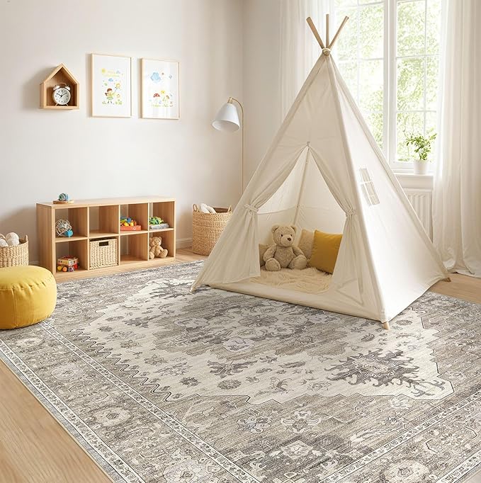 Washable Area Rugs for Living Room -10x13 Neutral Vintage Distressed Floral Farmhouse Boho Large Soft Floor Rug Indoor Non Slip Carpet for Living Room Bedroom Dining Room Office-Brown/Beige