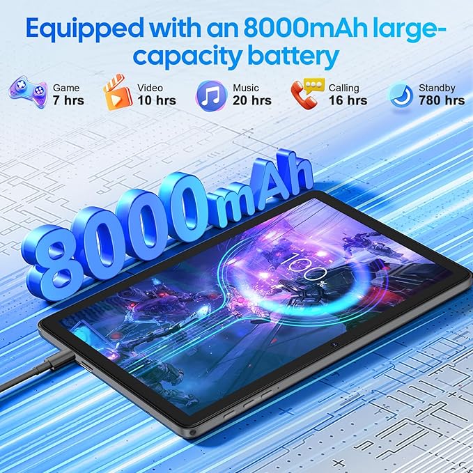 Android 15 tablet with keyboard, 26GB RAM+256GB ROM(2TB Expand), 10 inch tablet with 8000mAh Battery, 2.4G/5G WiFi, BT 5.0, 5MP+13MP Dual Camera, Gemini AI, Octa-core, Mouse, Stylus, Case(Black Case)