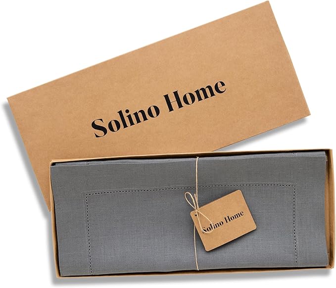 Solino Home Linen Steel Gray Hemstitch Table Runner 60 Inches - 100% Pure Linen Small Table Runner 14 x 60 Inch Ideal for Dresser and Coffee Tables - Classic Hemstitch - Fall, Autumn, Halloween