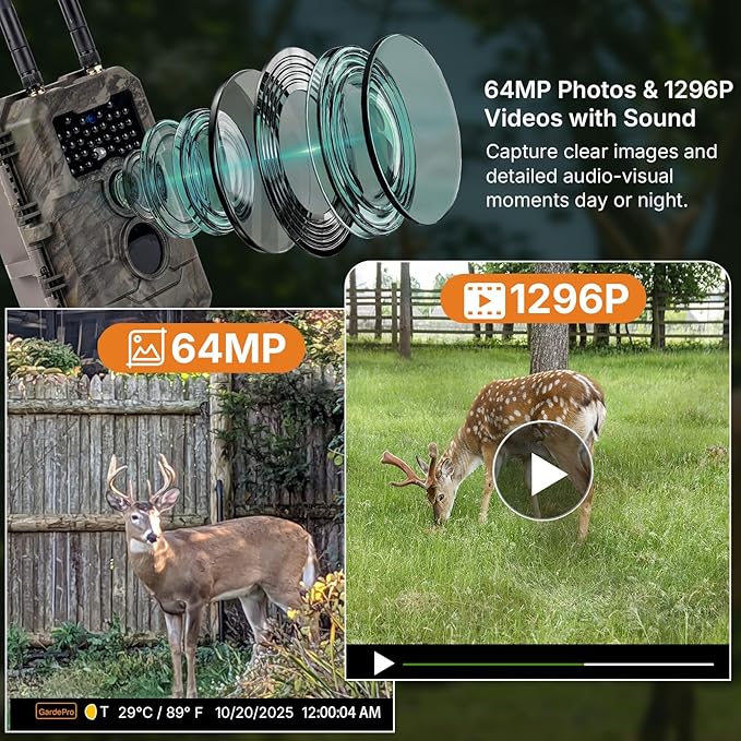 GardePro E6+ WiFi Trail Camera (Non-Cellular), 64MP Game Camera with Dual Antennas & 165 ft WiFi Range, No Glow Night Vision, Motion Activated