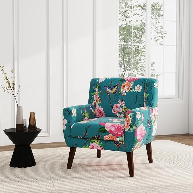 UIXE Floral Accent Chair, Modern Upholstered Armchair in Fabric for Living Room, Comfy Club Arm Chairs Single Sofa Button Tufted Bedroom Reading Seat - Pattern Blue, Set of 1