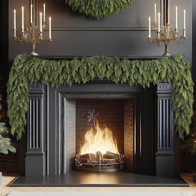N&T NIETING 9ft Christmas Cedar Garland with Realistic Soft Thickness Pine, Artificial Green Faux Cedar Pine Garland for Fireplace Mantle Fireplace Indoor Outdoor Holiday Party Home Decoration