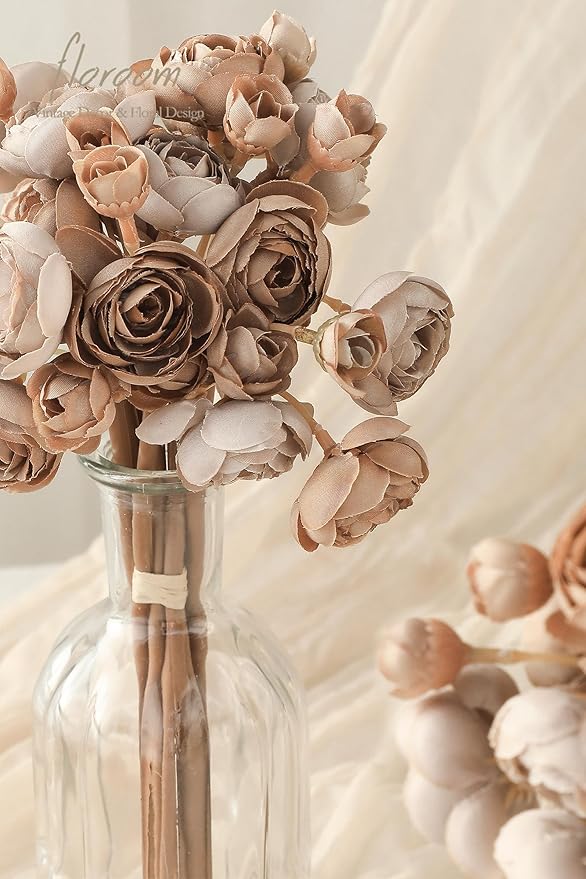 Floroom Ranunculus Artificial Flowers 18 Pcs Taupe Brown Faux Silk Mini Ranunculus Bulk Fake Wedding Filler Flowers for DIY Bouquets, Centerpieces, Bridal Shower Decorations & Arrangements
