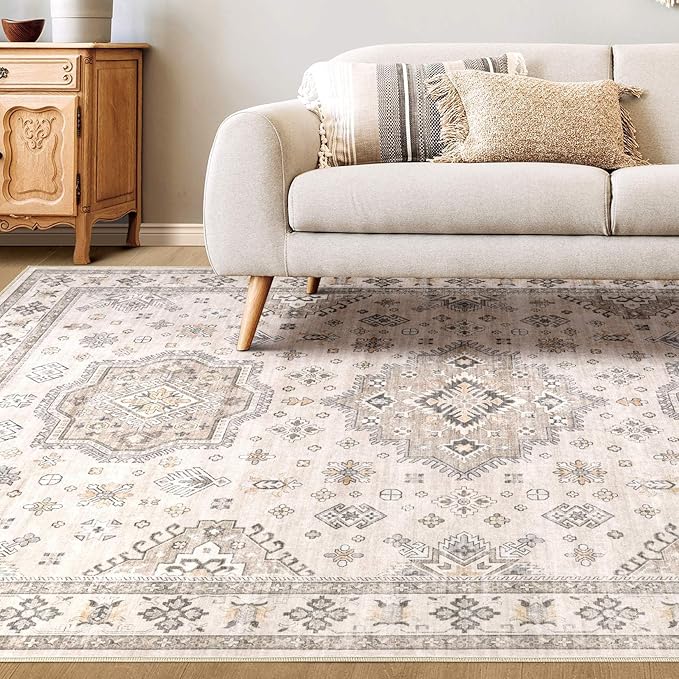 Washable Area Rugs for Living Room - 7x9 Neutral Vintage Distressed Floral Farmhouse Boho Large Soft Floor Rug Indoor Non Slip Carpet for Living Room Bedroom Dining Room Office - Beige Brown