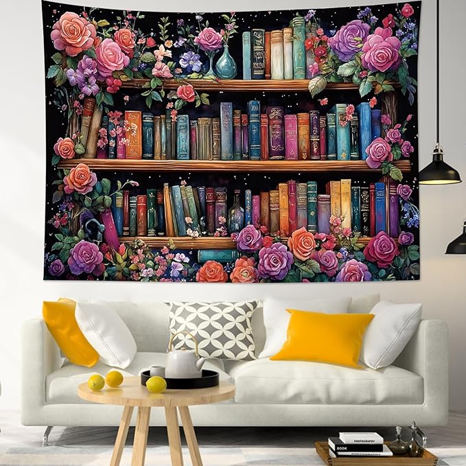 HVEST Bookshelf Wall Tapestry Pink Floral Green Leaf Watercolor Plant Botanical Aesthetic Tapestry Wall Hanging Vintage Library Book Tapestries for Bedroom Living Room Dorm, 70.9L x 92.5W Inches