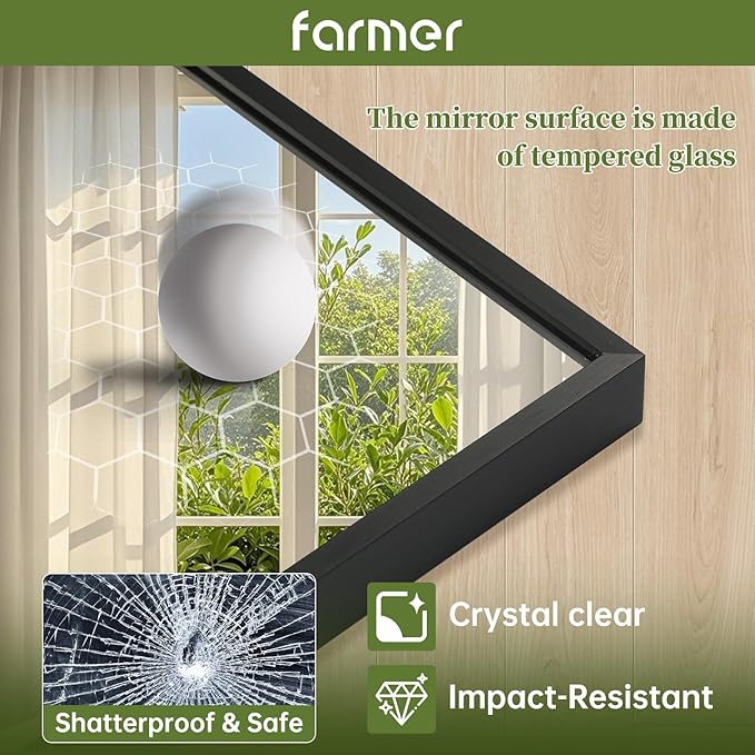 FARMER 16x24 Inch Black Bathroom Mirror, Rectangle Wall Mounted Mirror, Vanity Mirror, Brushed Square Mirror, Framed Bathroom Mirror for Bedrooms, Entryways, Living Rooms, Horizontal/Vertical