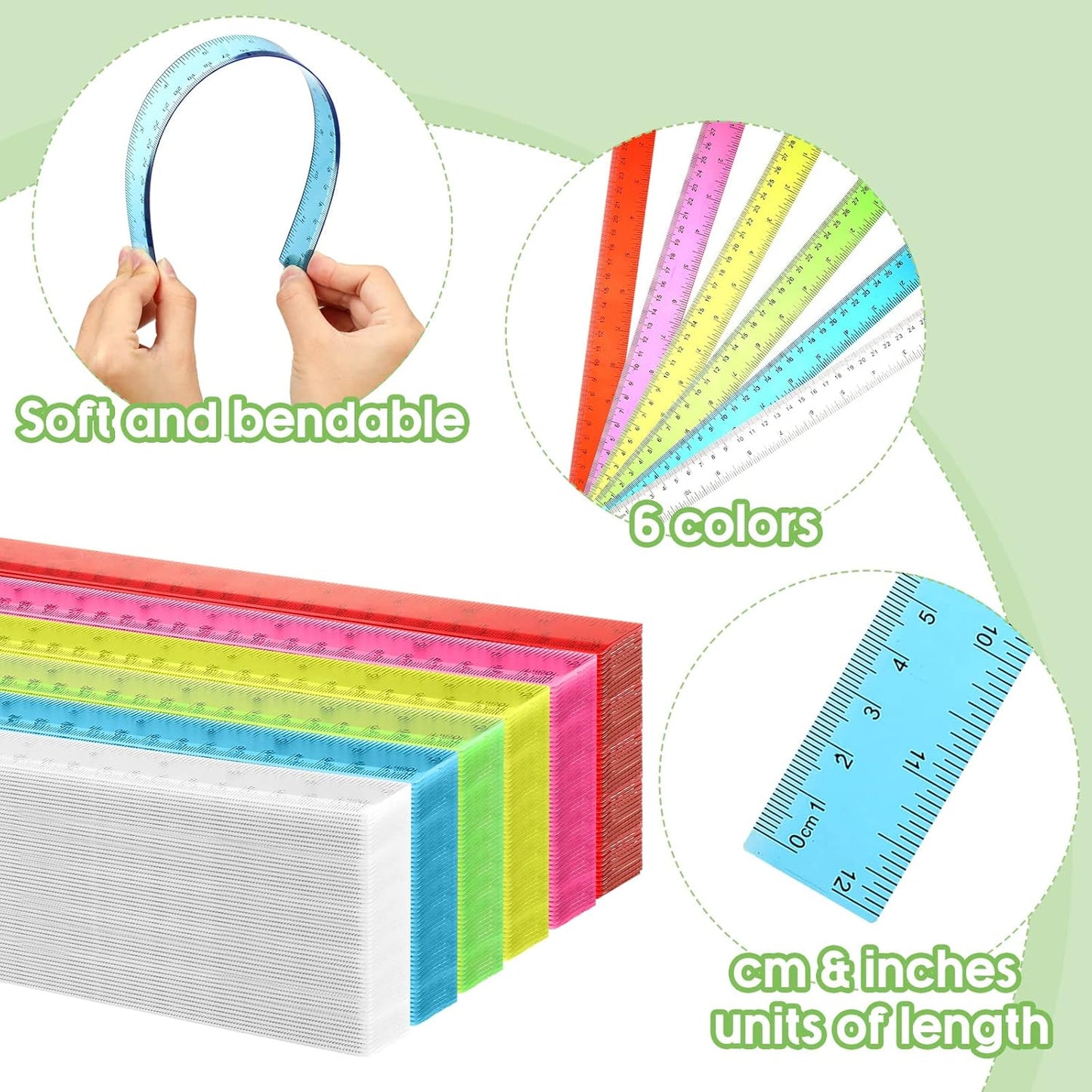 Fumete 600 Pack 12 Inch Plastic Rulers Bulk for Classroom Operation Christmas Supplies Flexible Transparent Assorted Color Ruler with Centimeters and Inches for Office Teacher Student