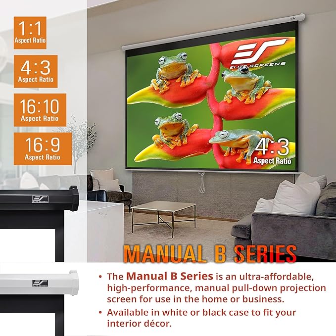 Elite Screens Manual B, 100-INCH 16:10, Manual Pull Down Projector Screen 4K / 8K Ultra HDR 3D Ready Auto-Lock Mechanism, 2-YEAR WARRANTY, M100X