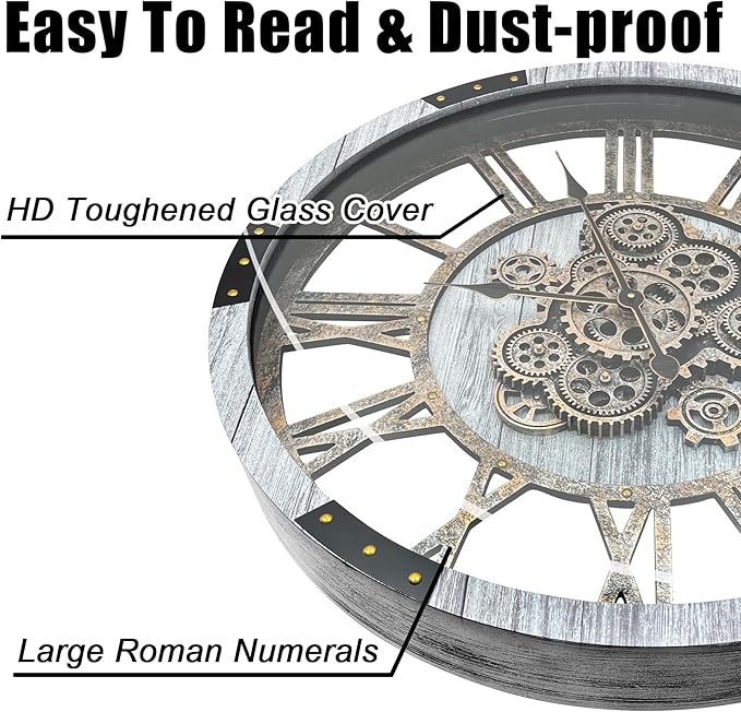 DORBOKER 24" Large Wall Clock with Moving Gears,Oversize Vintage Industrial Rustic Farmhouse Clocks for Living Room Decor Office Home,Solid Wood HD Tempered Glass Cover,Silver Grey