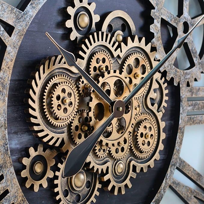 The Gears Clock 36'' Inch Real Moving Gear Wall Clock Vintage Industrial Oversized Rustic Farmhouse (Vintage Black Wood and Bronze)