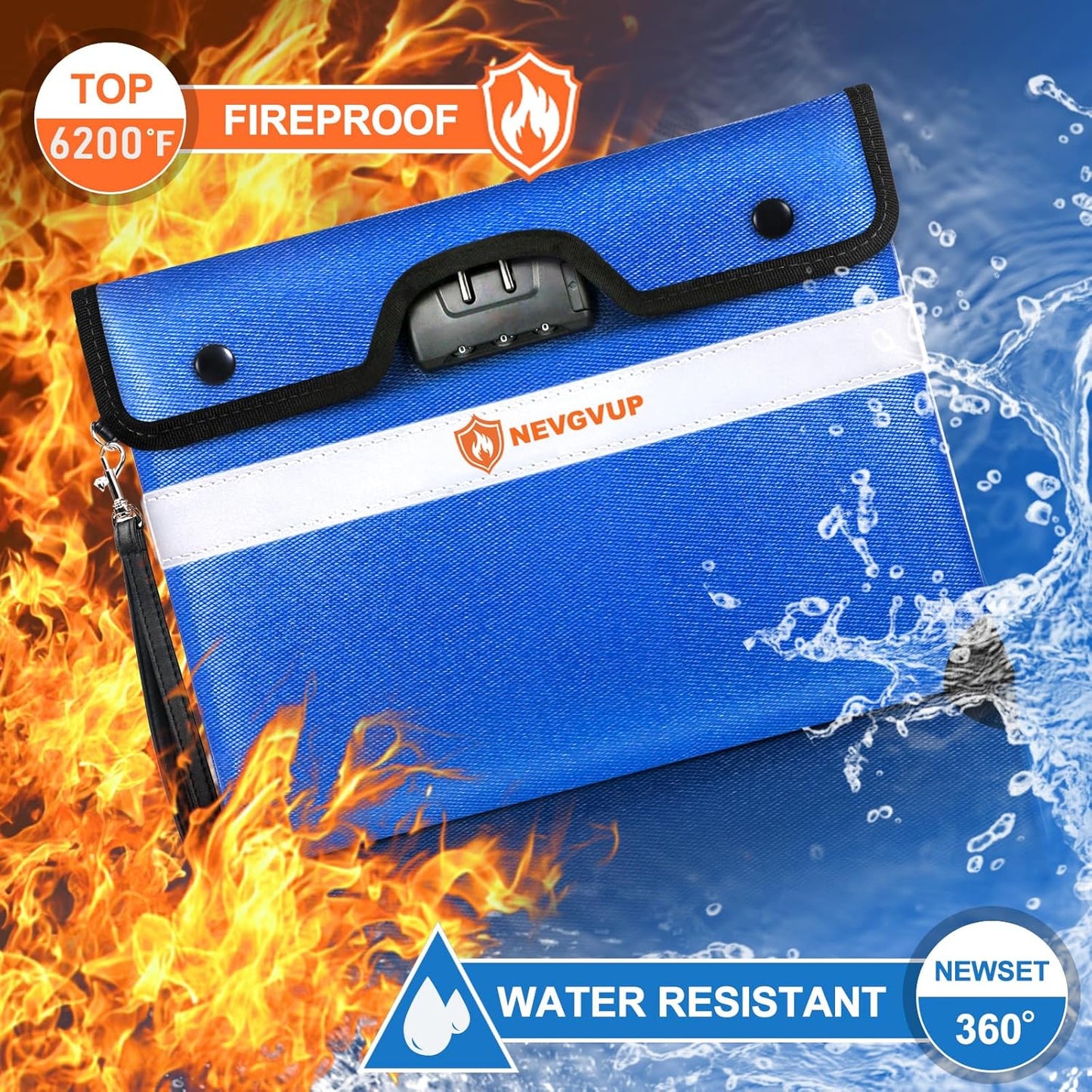 6200°F Upgraded Fireproof Document Bag with Lock, Fireproof Money Bag for Cash with Zipper/Reflective Strip, 9 Layer of Heat Insulated Material, Water Resistant Fire proof Bags for Documents,Safe Bags