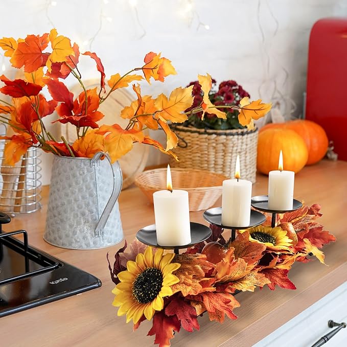 3 Pillar Black Metal Candle Holders for Table Centerpiece, Fall Thanksgiving & Halloween Dining Table, Fireplace Mantel Decor, Tray Candlestick for Living Room Rustic Decorations
