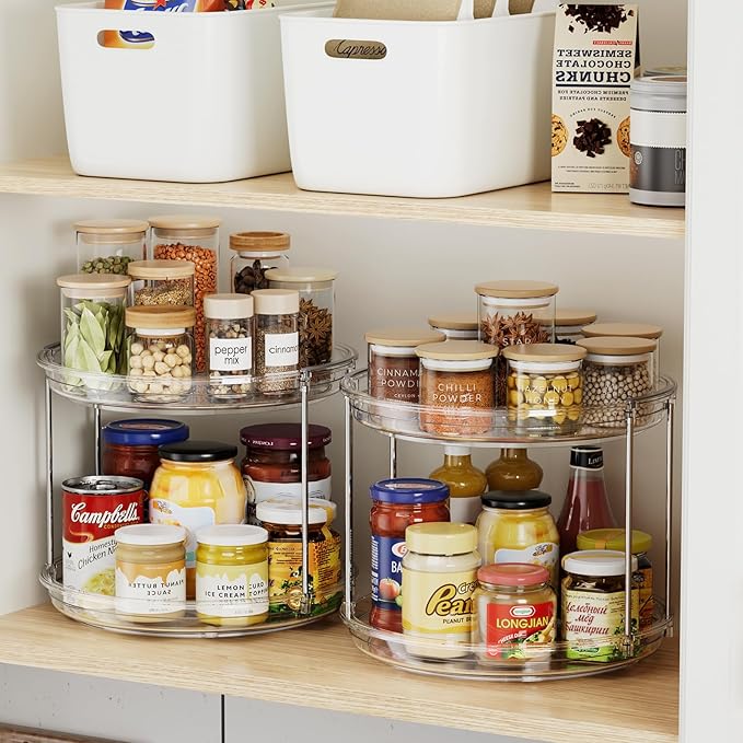 2 Tier Lazy Susan Organizer, 9.25'' Lazy Susan Turntable for Cabinet, Stackable Turntable Organizer Rotating Spice Rack Organization for Kitchen Countertop, Pantry, Bathroom, Clear