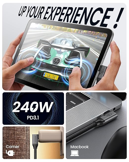 Silkland USB C Monitor Cable Right Angle 10FT, 8K@30Hz 5K/4K@60Hz Display, 20Gbps Data Transfer, 90 Degree USB C 3.2 Gen 2x2 Video Cable, 240W Charging for iPhone 17,MacBook, Portable Monitor, Carplay