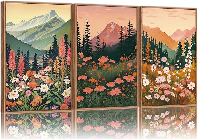 Tinonedraw Colorful Nature Flowers Framed Canvas Wall Art Set, Boho Blue Ridge Mountain Wall Decor,Floral Forest Scenery Artwork, Modern Wildflower Blossom Landscape Art Prints for Living Room Bedroom Office 16"x24"x3