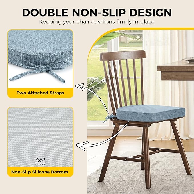 downluxe Indoor Chair Cushions for Dining Chairs, Soft and Comfortable Textured Foam Kitchen Chair Pads with Ties and Non-Slip Backing, 16" x 16" x 2", Light Blue, 4 Pack