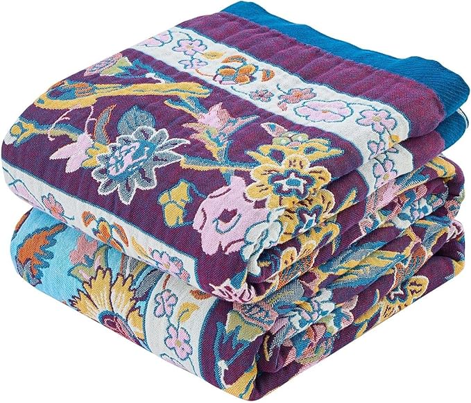 Fall Blanket for Bed, 100% Cotton Soft Rustic Boho Throw Blanket Quilt, 80"x90" Farmhouse Decor Bed Flower Blankets, Light Weight Reversible Bohemian Throw Quilt
