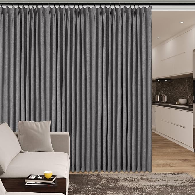 120" Wx96 L Linen Room Divider Drapes for Doorway/Glass Window/Sliding Door/Patio, Extra Wide Pinch Pleated Full Blackout Curtains for Girls Boys Teen Kids Room, 1 Panel, Gray