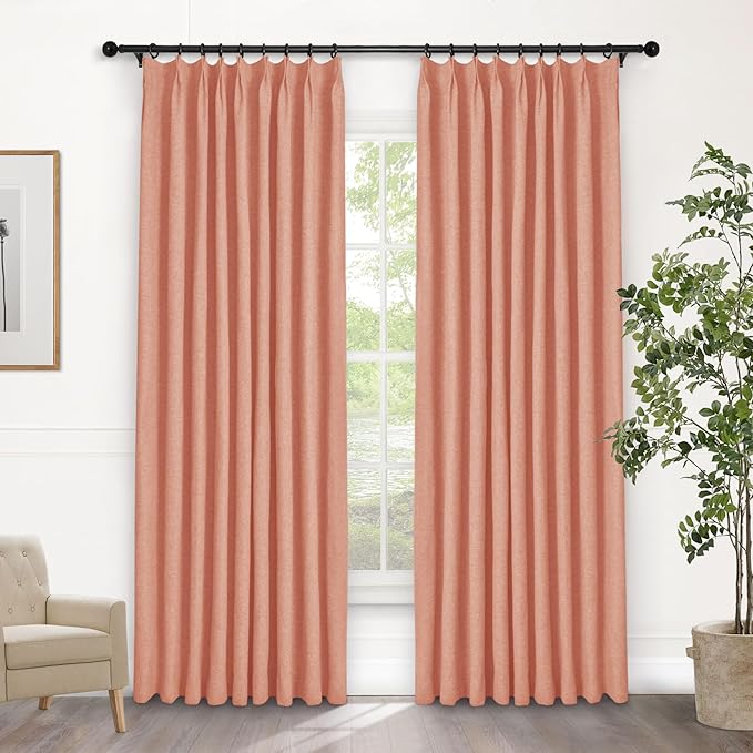 Macochico 100% Blackout Orange Linen Curtains 84 Inches Long Pinch Pleated Burlap Curtains for Bedroom Living Room Farmhouse Nursery Thermal Window Panels with Tieback 72”Wx84”L 1 Panel
