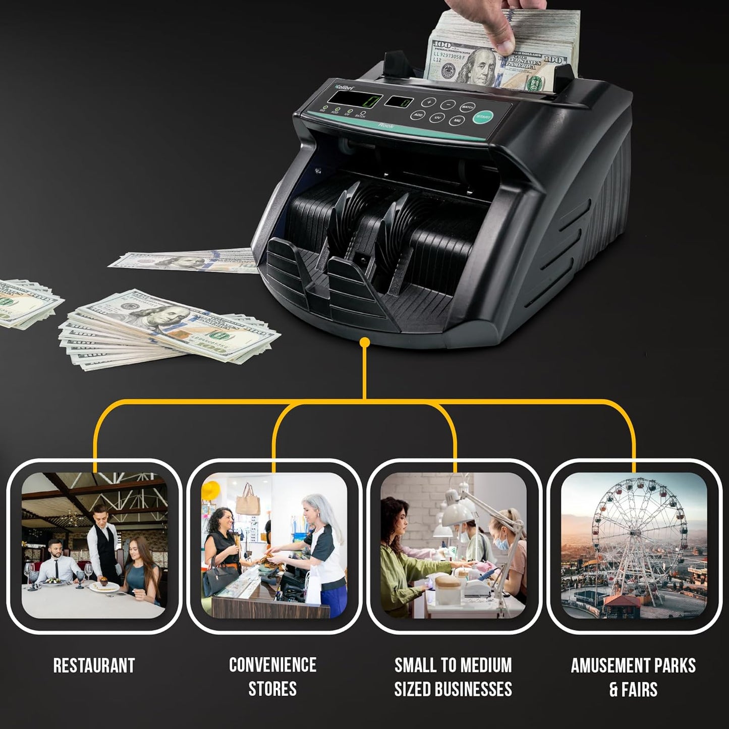 KOLIBRI Rook Money Counter with UV/MG/IR Counterfeit Detection – Count, Add & Batch Modes, 1,400 Notes per Minute Fast Bill Counter - US Dollar Cash Counter with Dual LED Display (1-Year USA Warranty)