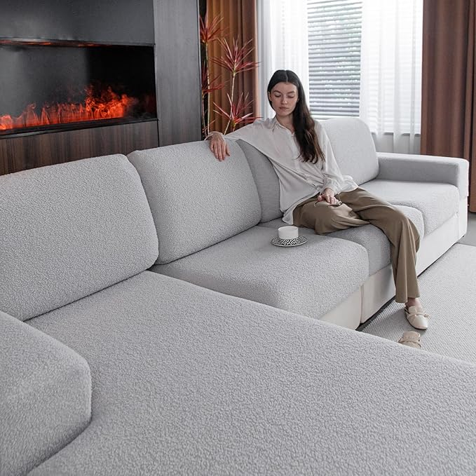 Couch Cushion Covers for Sectional Sofa, Stretch Soft Sofa Slipcovers Washable Wear-Resistant Universal Furniture Protector for Living Room(1 Piece Oversized Cover, Light Gray)