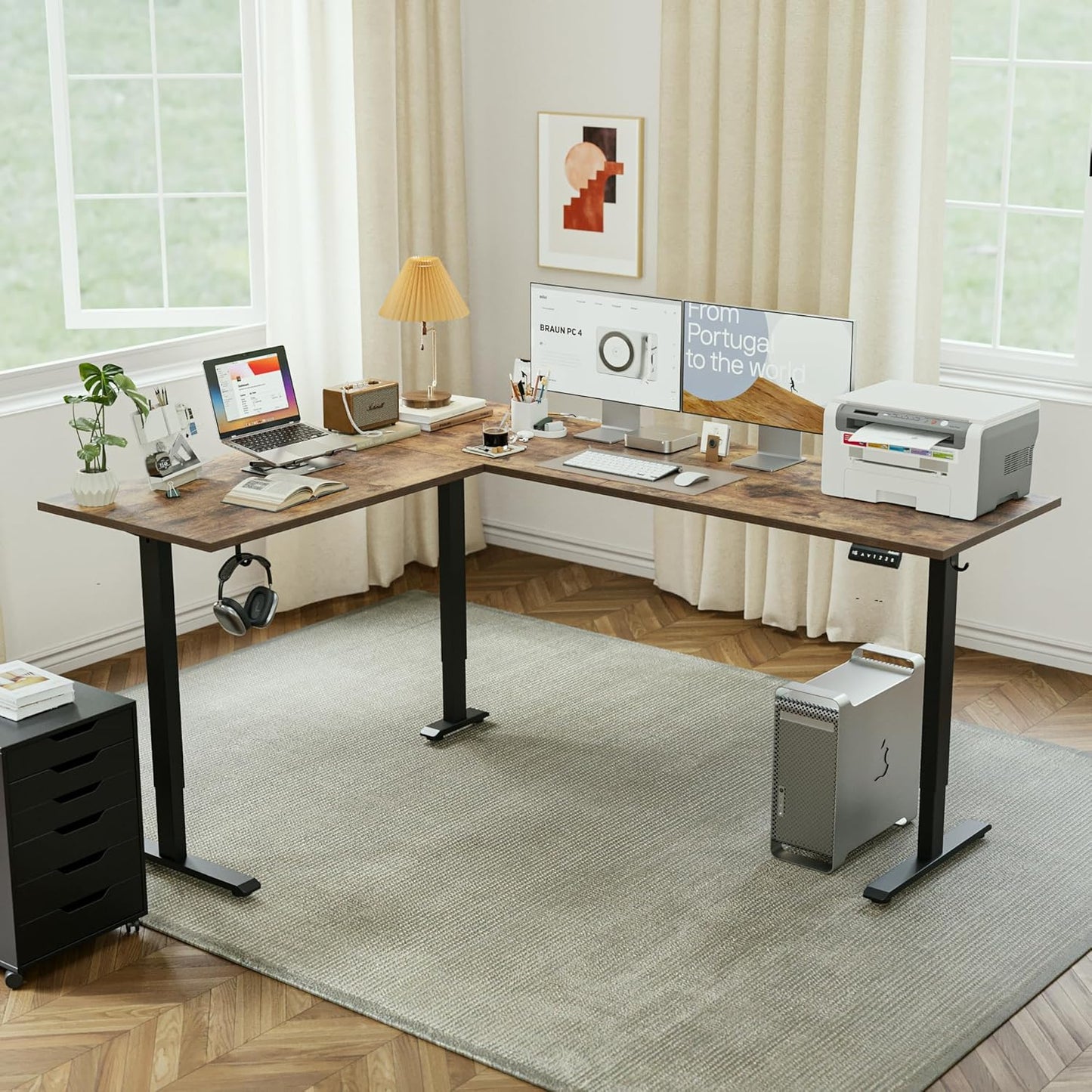Agilestic L-Shaped Standing Desk Adjustable Height, Electric Corner Standing Desk, Sit Stand Up Desk, 75x61 inch Sit Stand Computer Table, Rustic Brown
