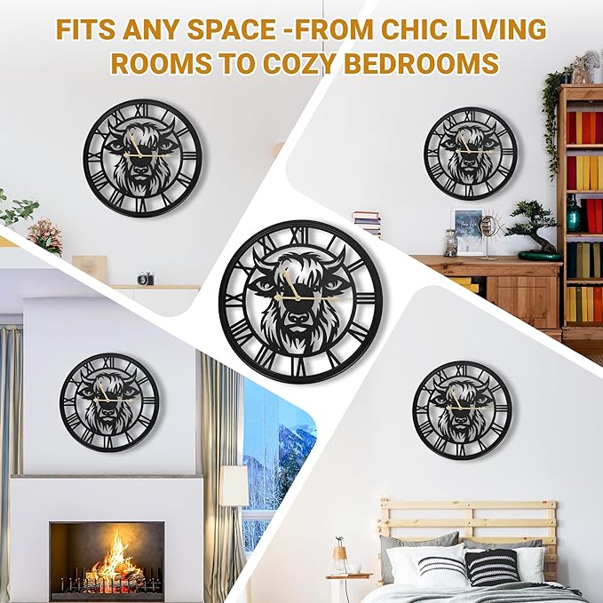 20inch Large Wall Clocks for Living Room Decor,Farmhouse Black Metal Decorative Wall Clock,Wall Clocks Battery Operated for Bedroom,Kitchen(Highland Bull Wall Clock, 20 Inch)