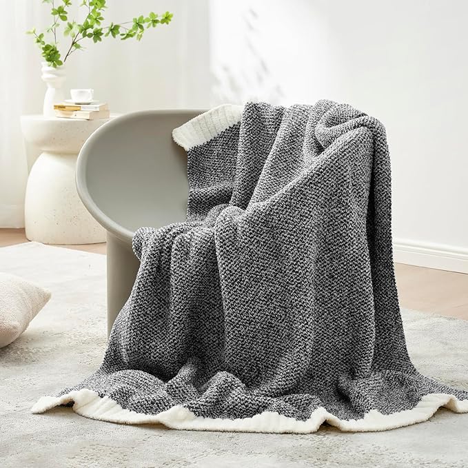Snuggle Sac Heather Black Throw Blanket for Couch, Reversible Super Soft Micorfiber Blankets Dupes Warm Cozy Knit Fuzzy Plush Throws for Sofa, Bed, Heather Black, 50x60 inches