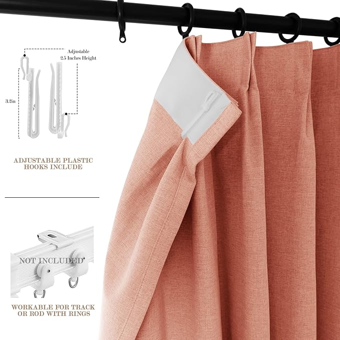 Orange Pinch Pleat 100% Blackout Drapes Linen Blend, Room Divider, Room Darkening, Energy Saving, Furniture Protecting, Light Blocking Extra Wide Privacy Curtains, 240Wx84L, 1 PC