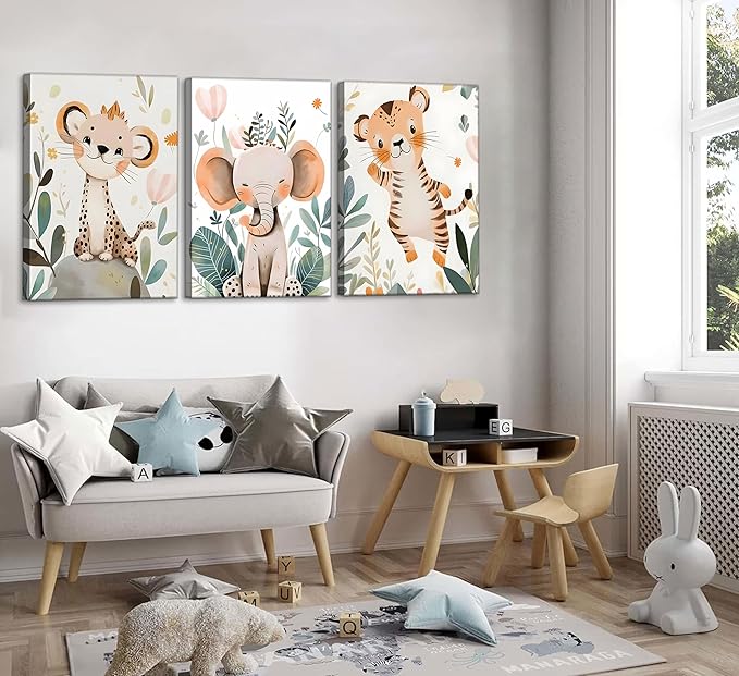 3 Pcs Safari Animals Nursery Canvas Wall Art Jungle Animals Cheetah Elephant Tiger Kids Room Illustration Pictures Wall Decor Posters Print Artwork for Classroom Boy's Girl's Room Bedroom