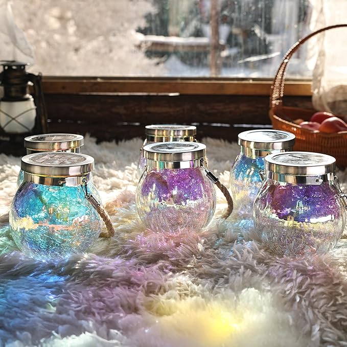 Cooo 4 Pack Solar Lantern Outdoor Waterproof Iridescent Crackle Glass with 215% Larger Solar Panel, Stainless Steel Lid – Rainbow Glass Hanging Light with Cool White LED for Garden Patio Table
