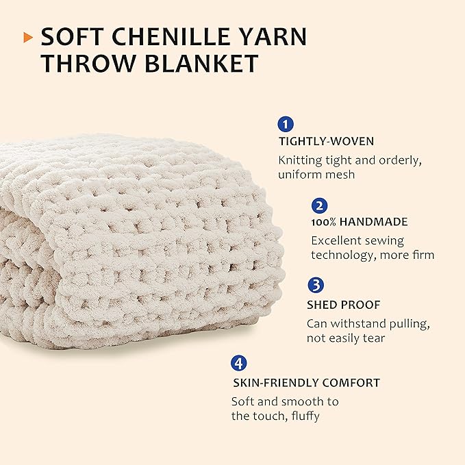 L'AGRATY Chunky Knit Blanket Throw: 30''x40'' Chenille Chunky Knitted Throw Blankets for Bed Couch - Handmade Thick Big Cable Knit Blankets - Large Crochet Rope Blanket for Home Decor(Ivory)