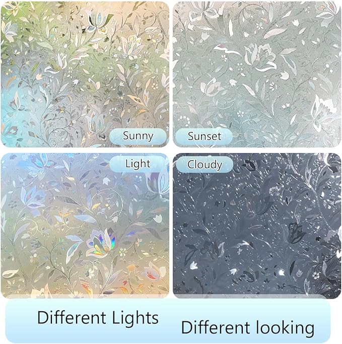 HIDBEA Window Privacy Film, 3D Stained Glass Static Cling - Sun Blocking Anti-UV Heat Control, Reusable Decorative Film for Home/Office Doors, Rainbow Tulip Design (35.4 in x 78.7 in)