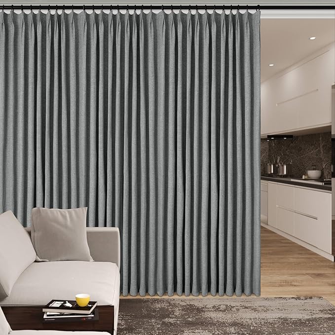 Extra Wide 100% Blackout Linen Textured Curtains - Room Dividers, W200 x L84 (1 Panel), Pinch Pleat Drapes for Living Room, Full Light Block Out Drapery for Sliding Door, Mid Grey