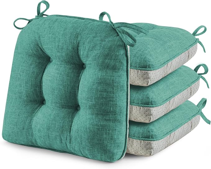 puredown® Chair Cushions for Dining Chairs, Tufted Memory Foam Chair Pads with Non-Slip Backing, Kitchen Seat Cushions with Ties, Washable Seat Pad Set of 4, 15.5" x 15.5" x 4", Green