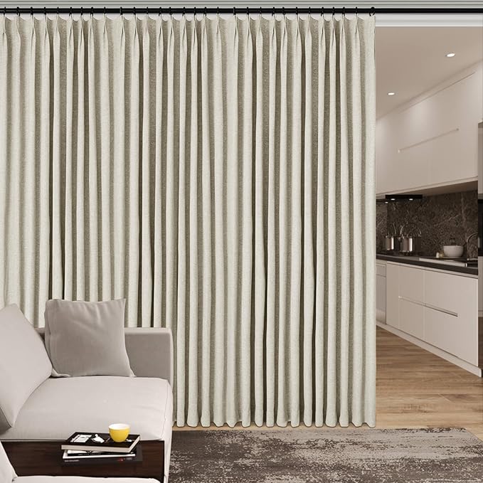 Full Blackout Privacy Curtains, 240 Inch Extra Wide Linen Blend Drapes, Pinch Pleat Window Drapery for Room Divider Storage/Space Room Separation, 1 Panel, W 240" x L 102", Ivory White