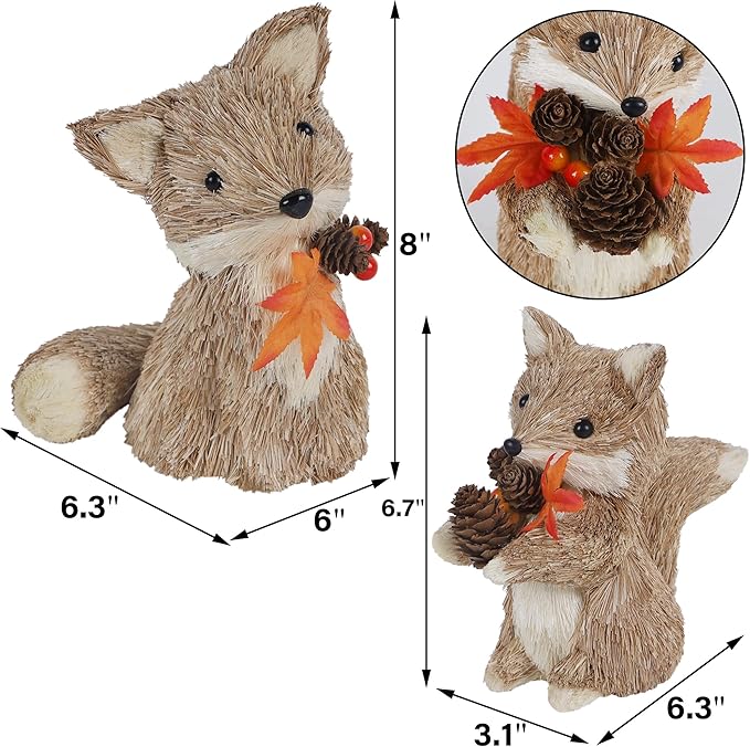 winemana Fall Decor Thanksgiving Decoration Sisal Fox, Set of 2 Table Centerpiece Foxes Animals Figurines, Handmade Ornaments Autumn Fall Decorations for Home Mantel Fireplace