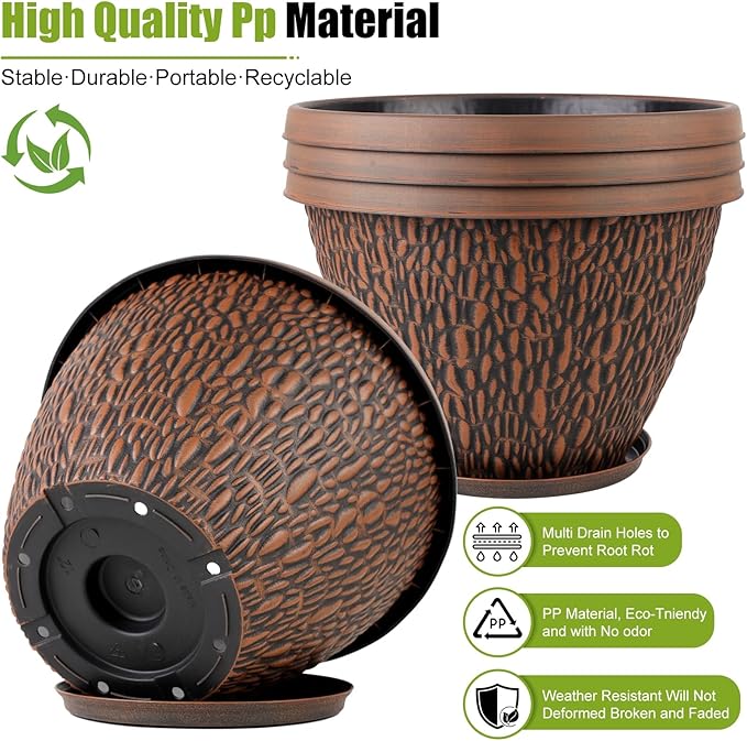 4 Pack 10 Inch Plant Pot, Flower Pots Outdoor with Drainage Hole & Tray, Thickened Plastic Planters for Indoor Outdoor Plants, Lightweight Modern Decorative Garden Pot with Saucer