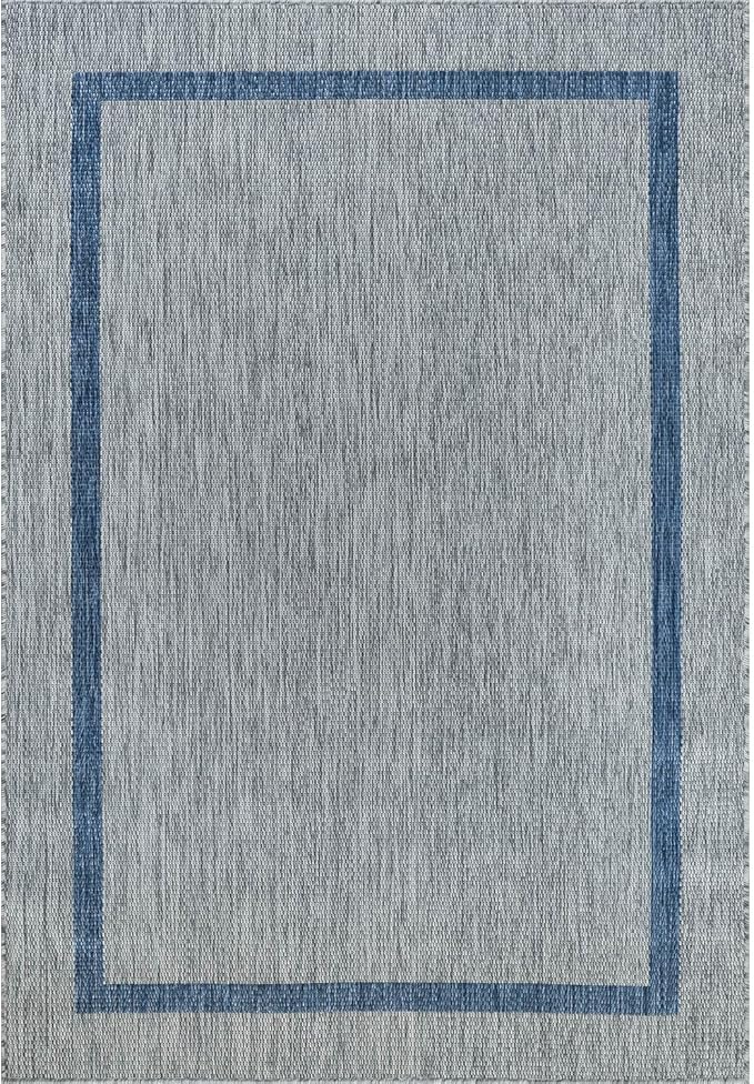 Bordered Outdoor Rug 8x10 Washable Outside Carpet for Indoor Patio Porch Waterproof Easy Cleaning Non Shedding Area Rugs Silver Gray - Blue 8 x 10
