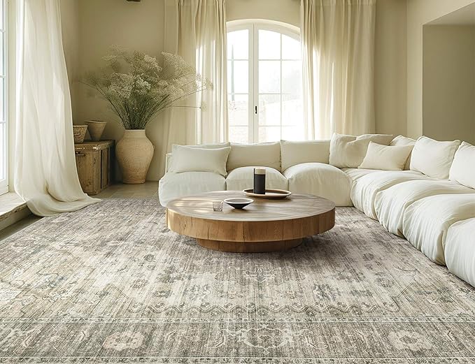 Washable Area Rugs for Living Room -9x12 Neutral Vintage Distressed Floral Farmhouse Boho Large Soft Floor Rug Indoor Non Slip Carpet for Living Room Bedroom Dining Room Office - Brown/Tan