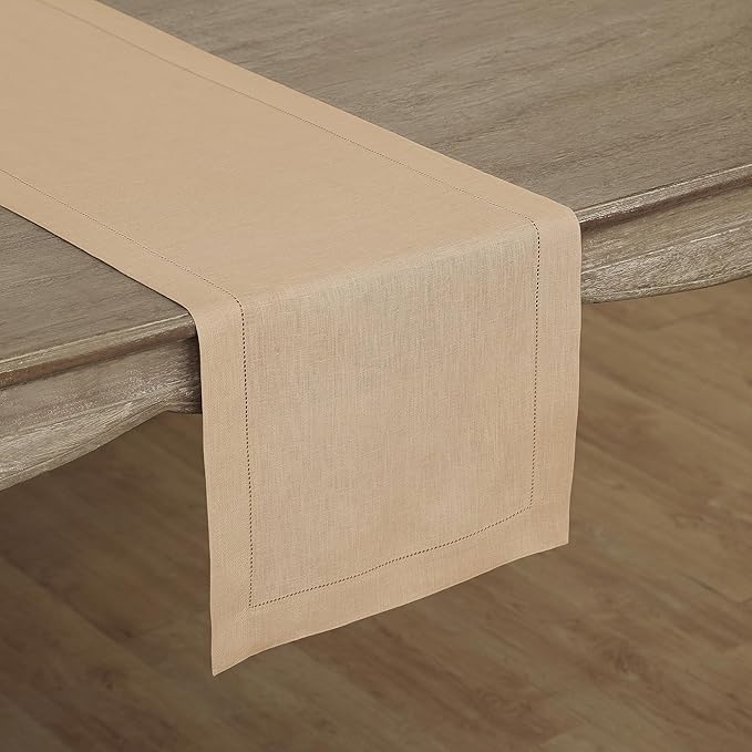 Solino Home Linen Hemstitch Table Runner 60 Inches - 100% Pure Linen Beige Table Runner 14 x 60 Inch Ideal for Dresser and Coffee Tables - Fall, Autumn, Thanksgiving - Classic Hemstitch