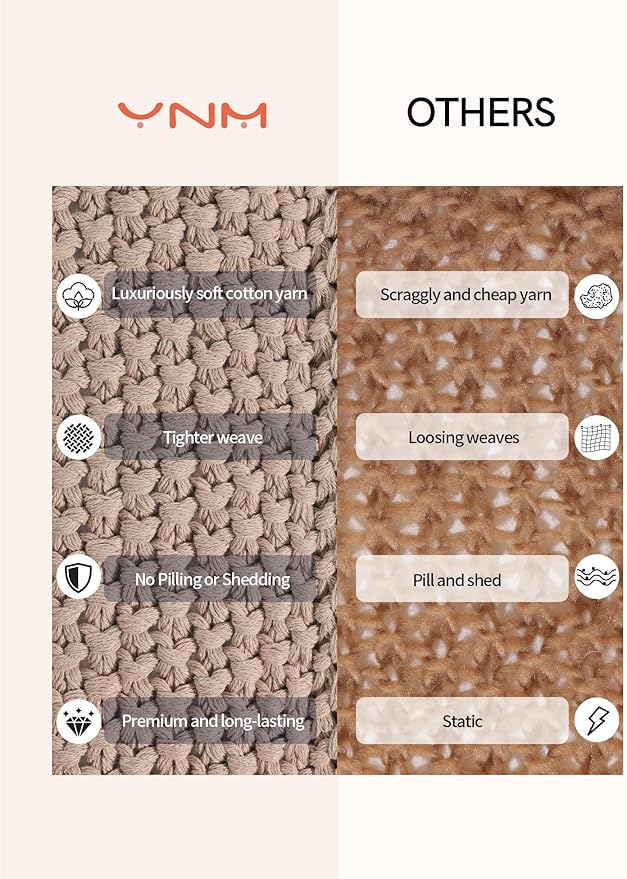 YnM Chunky Cotton Knit Throw Blanket, Cable Knit Throws for Bed Couch Sofa, Comfy & Relaxing, Decorative Piece for Farmhouse Modern Boho Rustic Scandinavian Chic Vibe, Beige 40x50 Inches