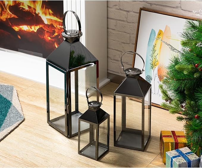 MATICO Stainless Decorative Pinnacle Candle Lantern Set of 3, Hanging Decor Hurricane Lantern Candle Holder for Festival Ceremony Home Decor, Both Indoor & Outdoor Use, Black