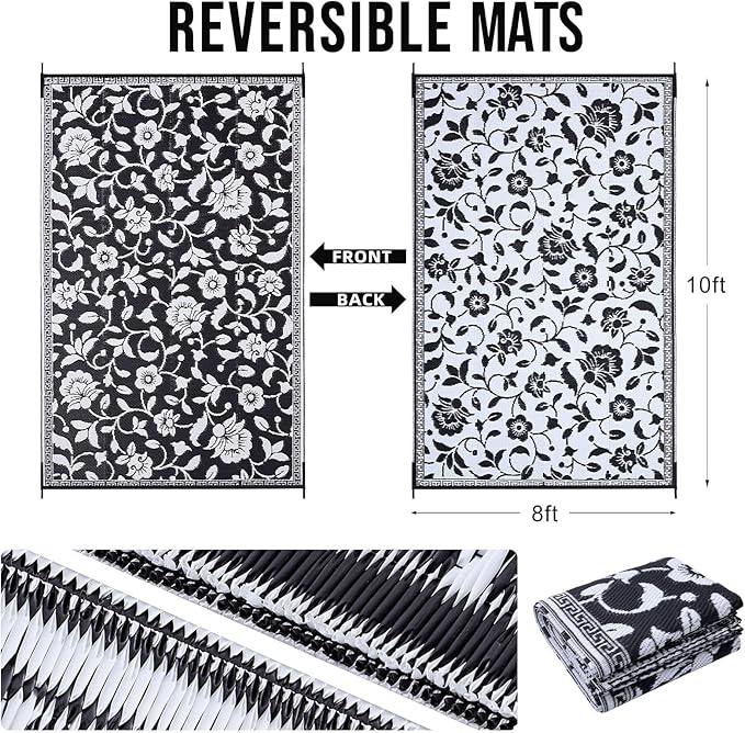 OLANLY Waterproof Outdoor Rug 8x10 ft, Outdoor Plastic Straw Rug with Flower Pattern, Reversible RV Mat for Patio, Camping, Balcony, Deck, Backyard, Black & White