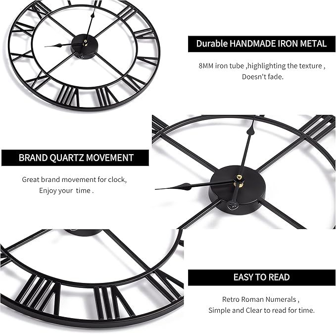 Large Wall Clocks for Living Room Decor, 16 Inch Round Black Metal Silent Non Ticking Battery Operated Jumbo Numerals Modern Vintage Decorative Clock Wall for Bedroom,Kitchen,Office,Farmhouse